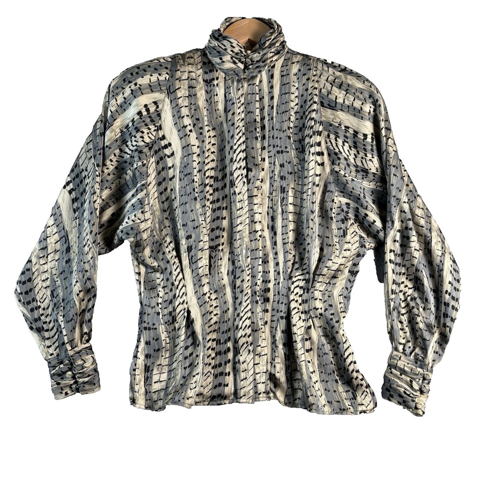 TESS Paris Milano Button Up Blouse Women's Size 8 Gray High Neck‎ Long Sleeve